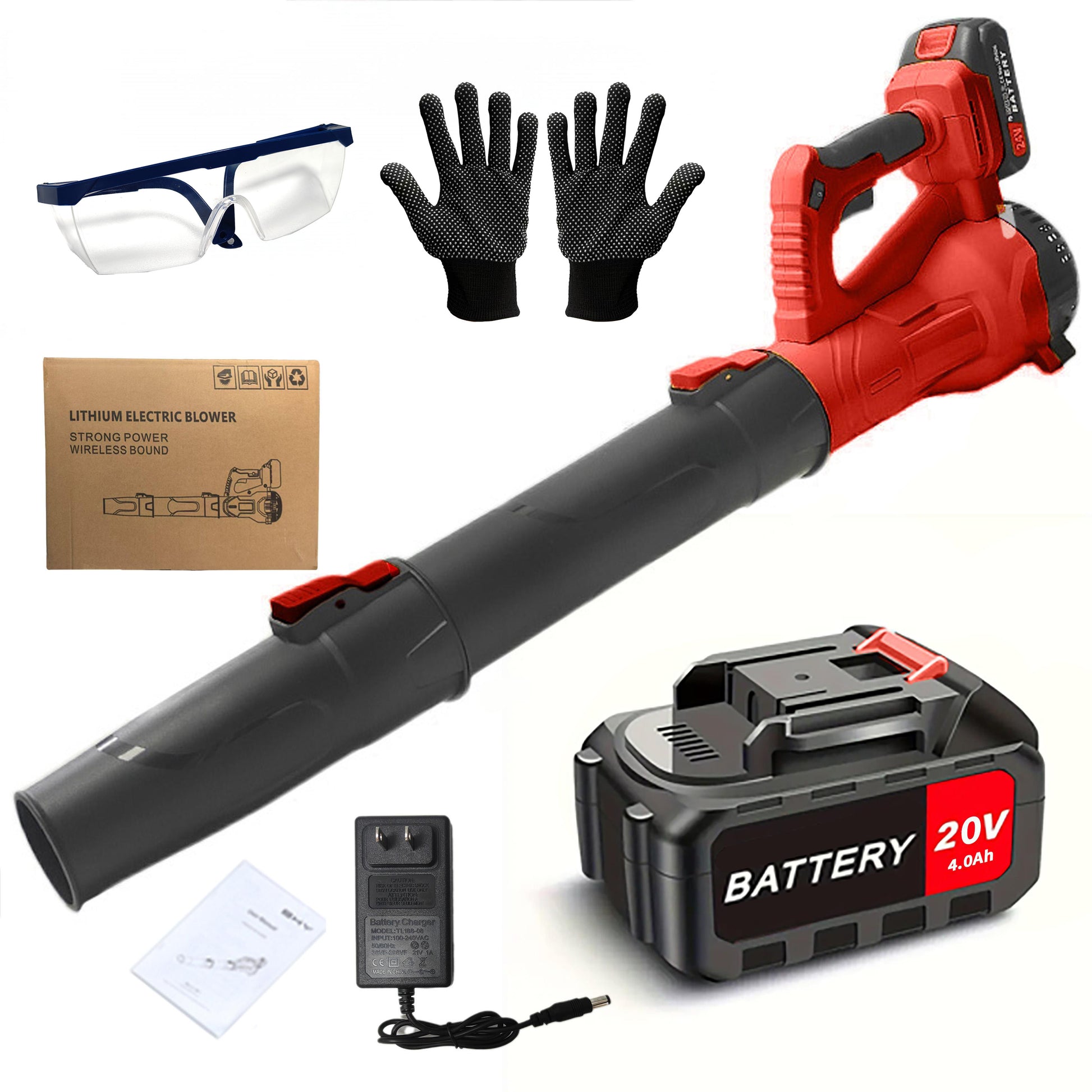 Red and black lithium electric blower with battery, gloves, safety glasses, and packaging on a white background