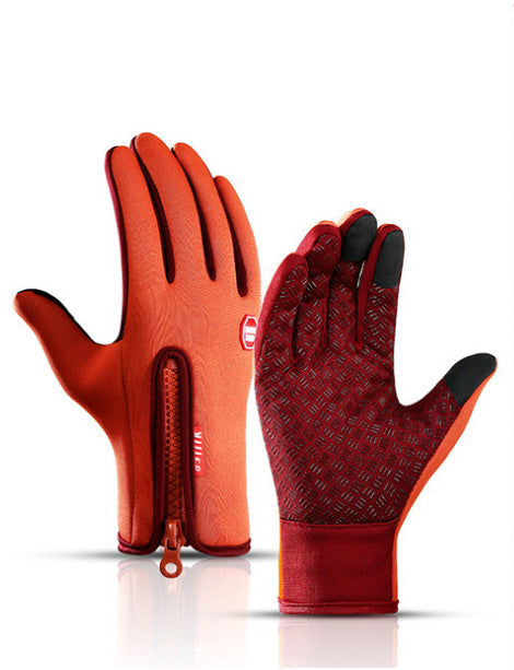 Pair of red gloves with a zipper on a white background