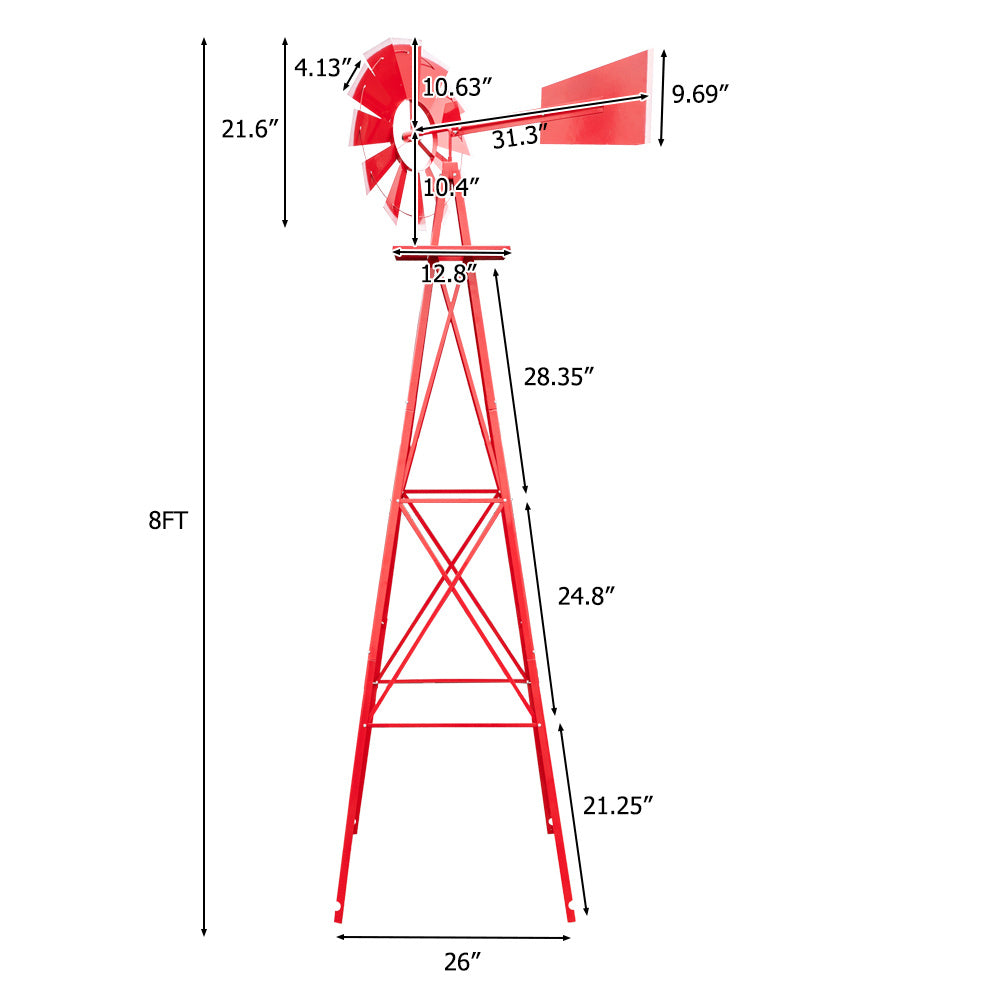 Red windmill with measurements on a white background