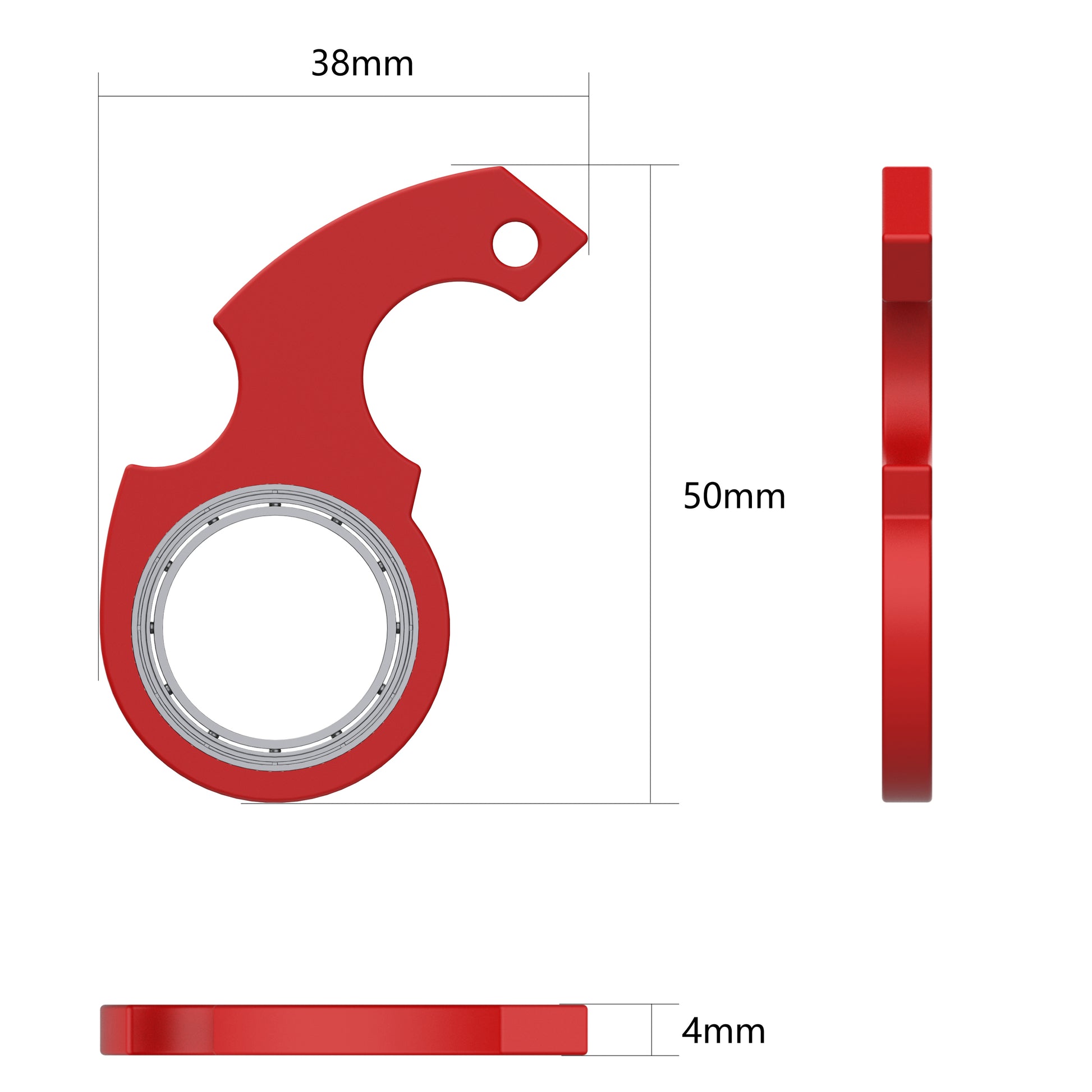 Red metal component with dimensions labeled on a white background