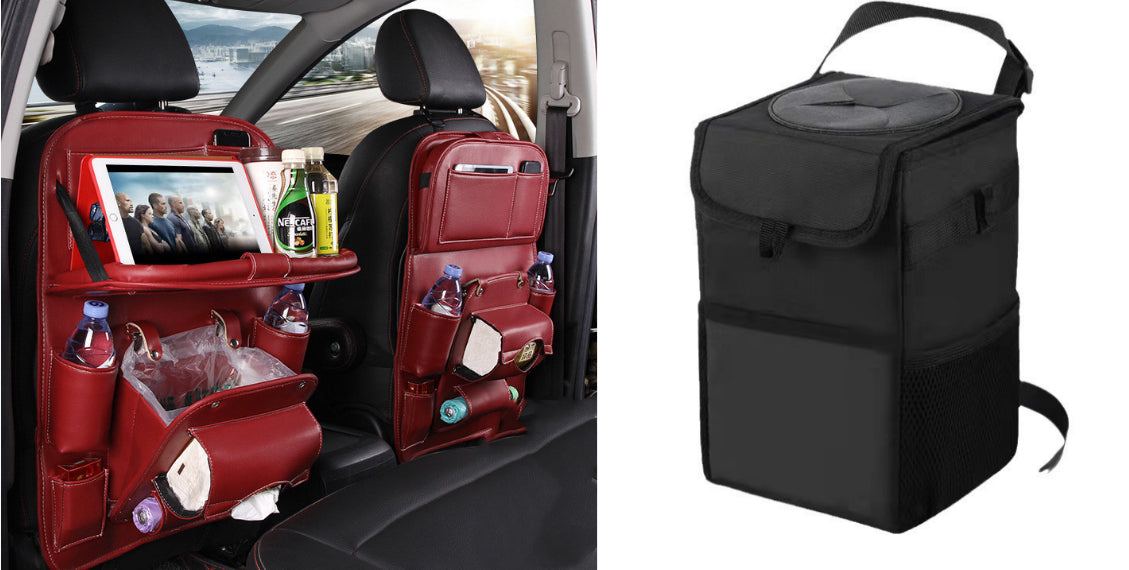 A car seat organizer shown installed on two front seats inside a vehicle, with a tablet, bottles, and trash bag in the pockets, alongside a standalone black insulated tote bag on a white background.