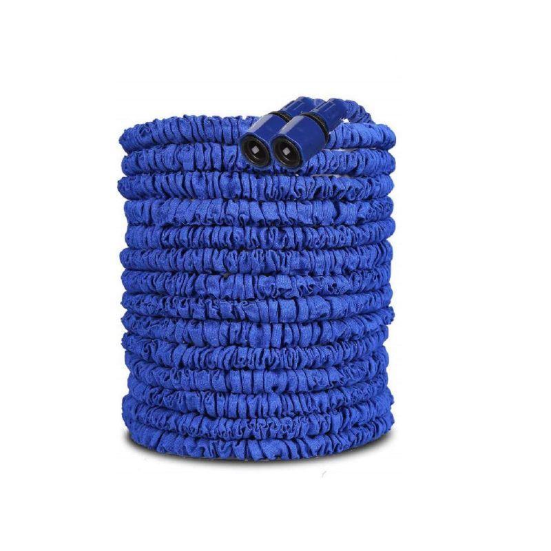 Coiled blue garden hose with connectors on a white background