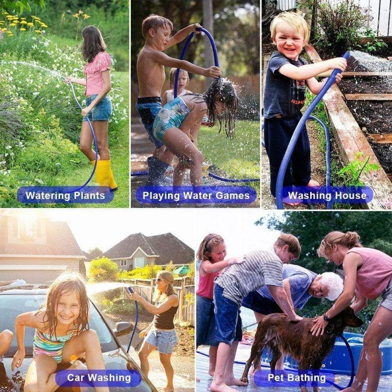 Collage of children using a garden hose for various activities including watering plants, playing water games, washing a house, car washing, and pet bathing.