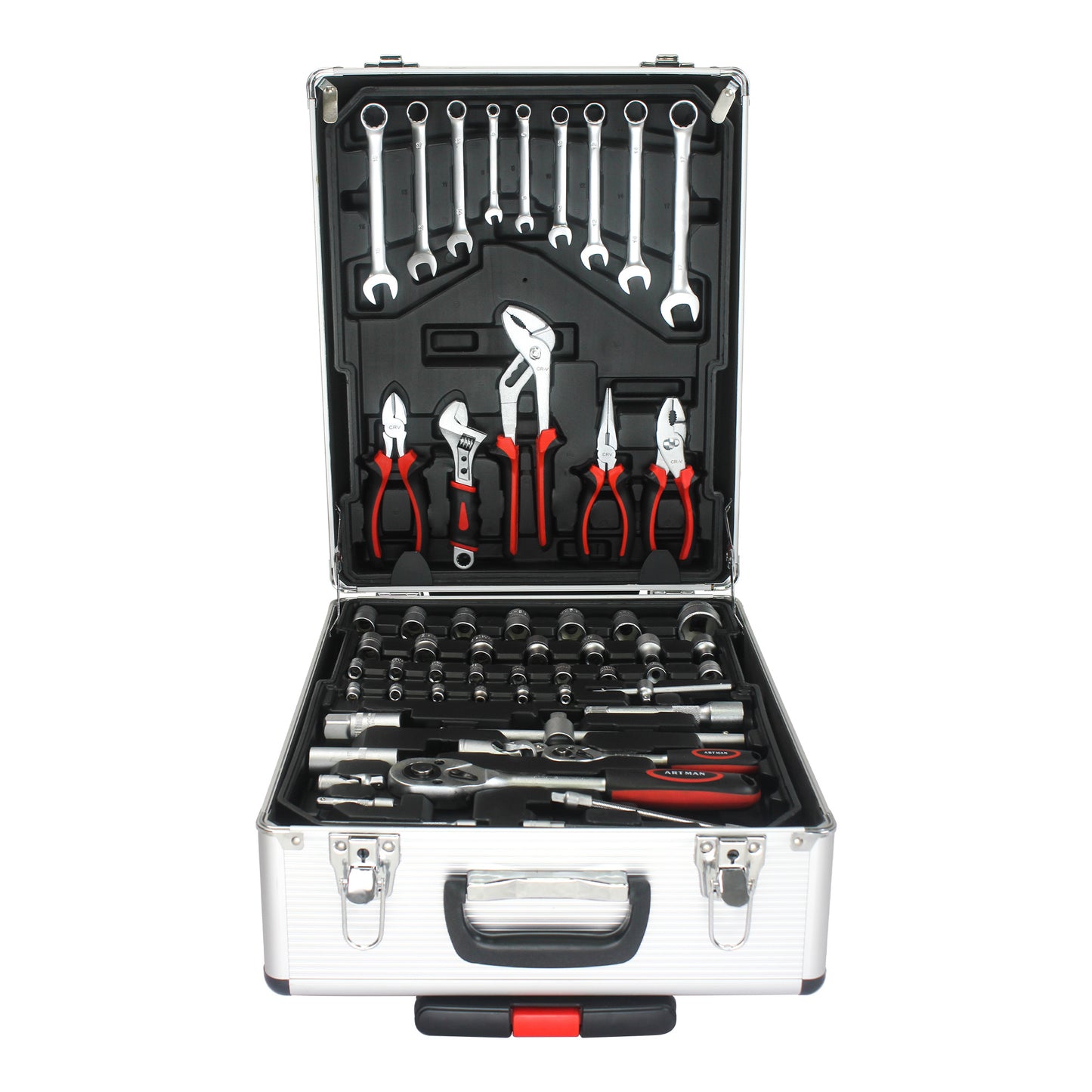 Rolling Tool kit with over 800 various tools and items in an open case on a white background