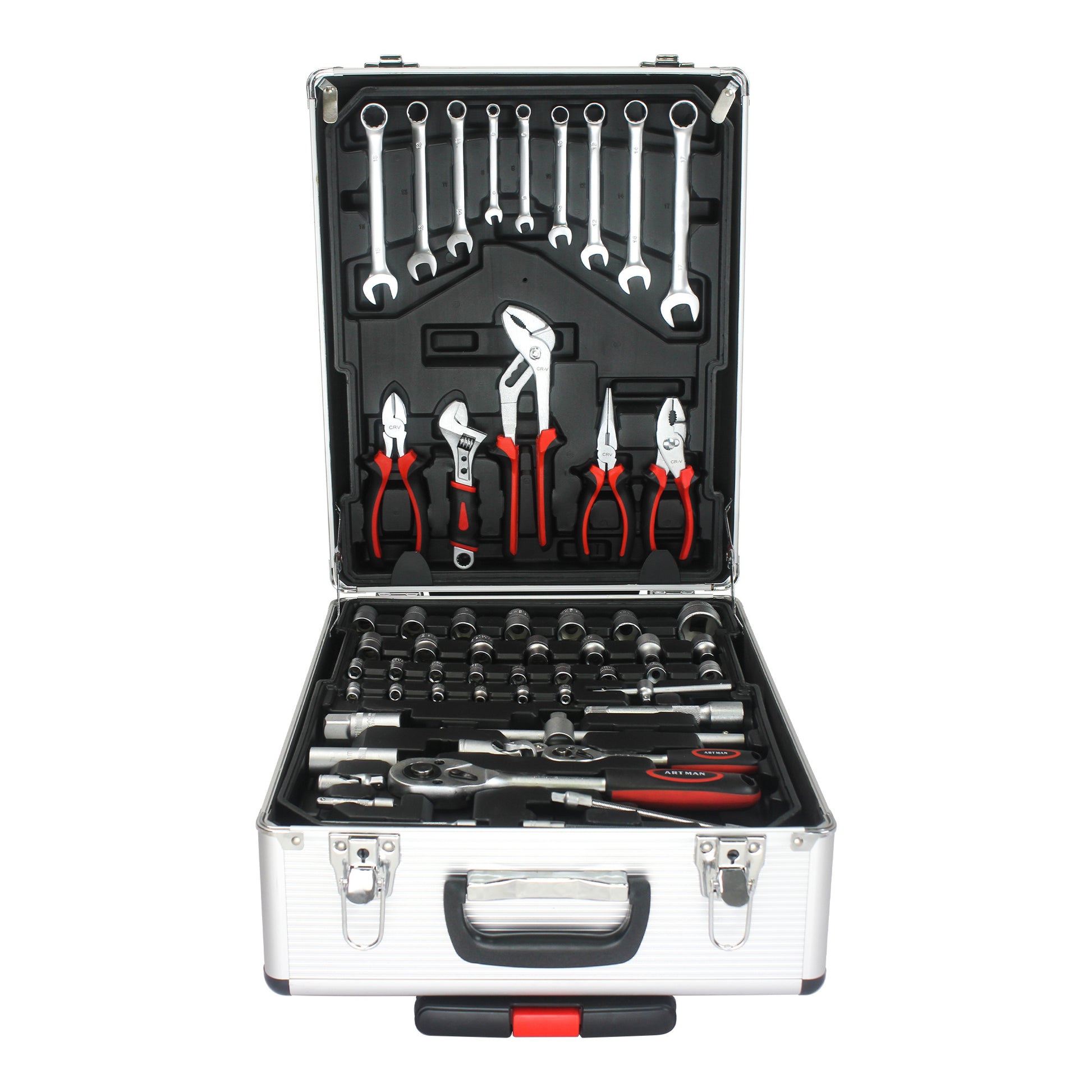 Rolling Tool kit with over 800 various tools and items in an open case on a white background