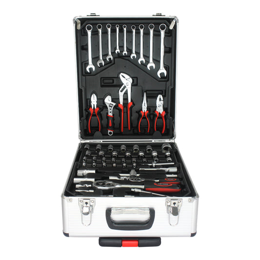 Rolling Tool kit with over 800 various tools and items in an open case on a white background