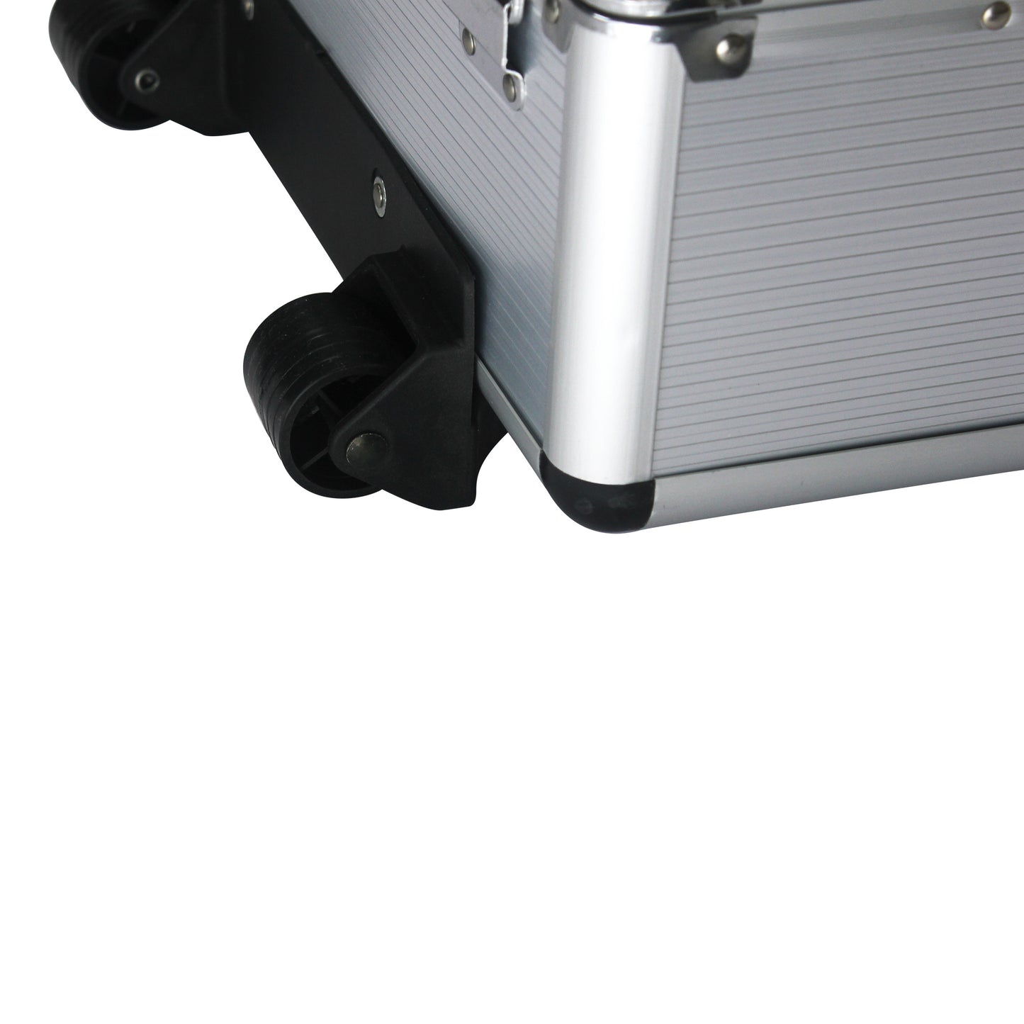 Close-up of a silver suitcase with a black wheel on a white background