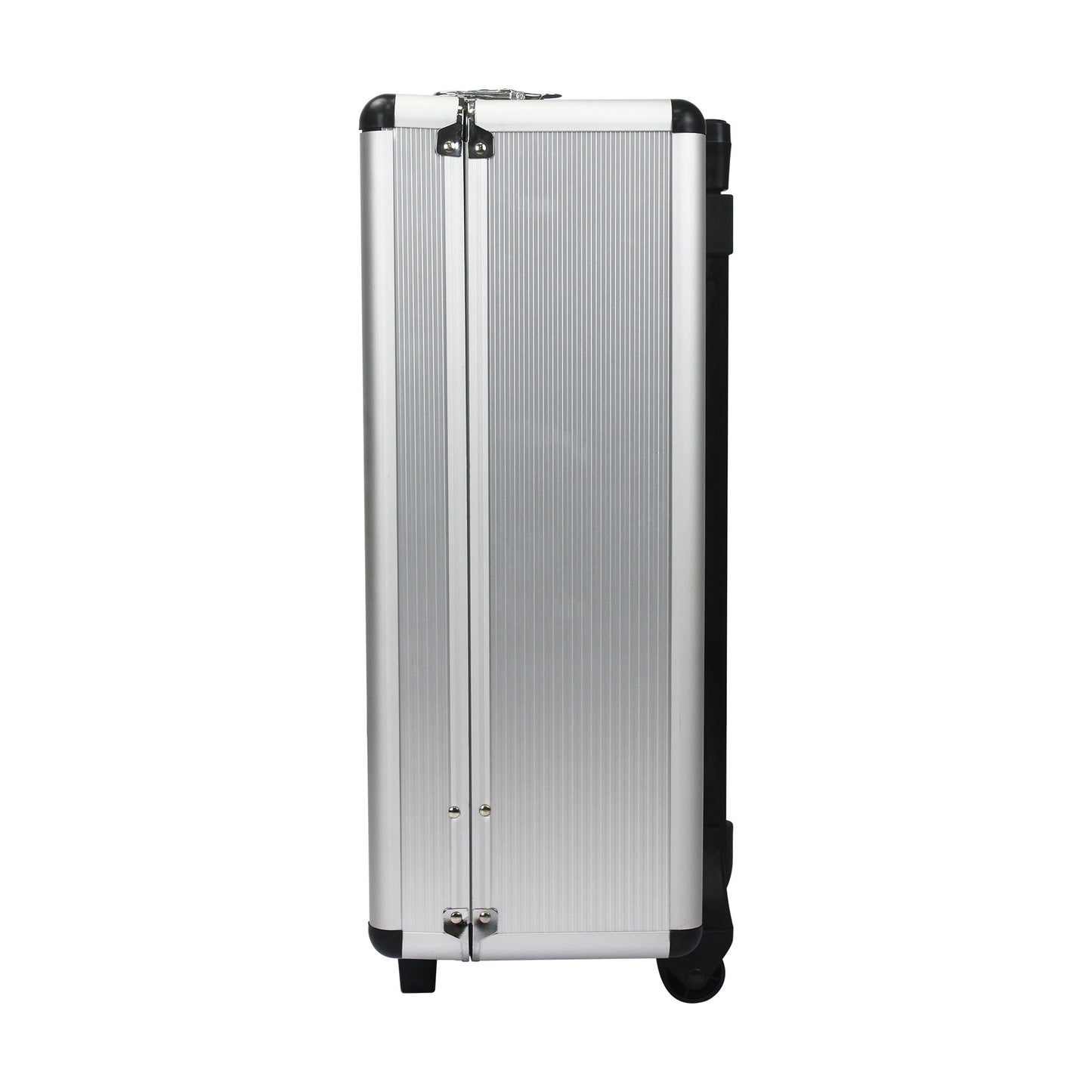 Silver suitcase with black wheels on a white background