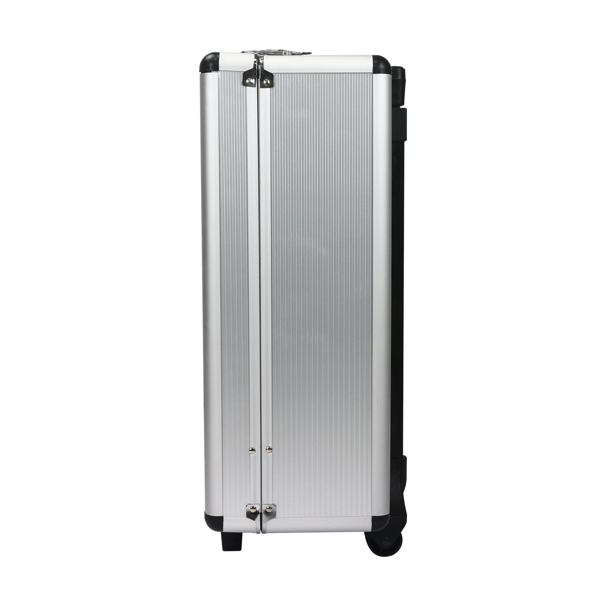 Silver suitcase with black wheels on a white background