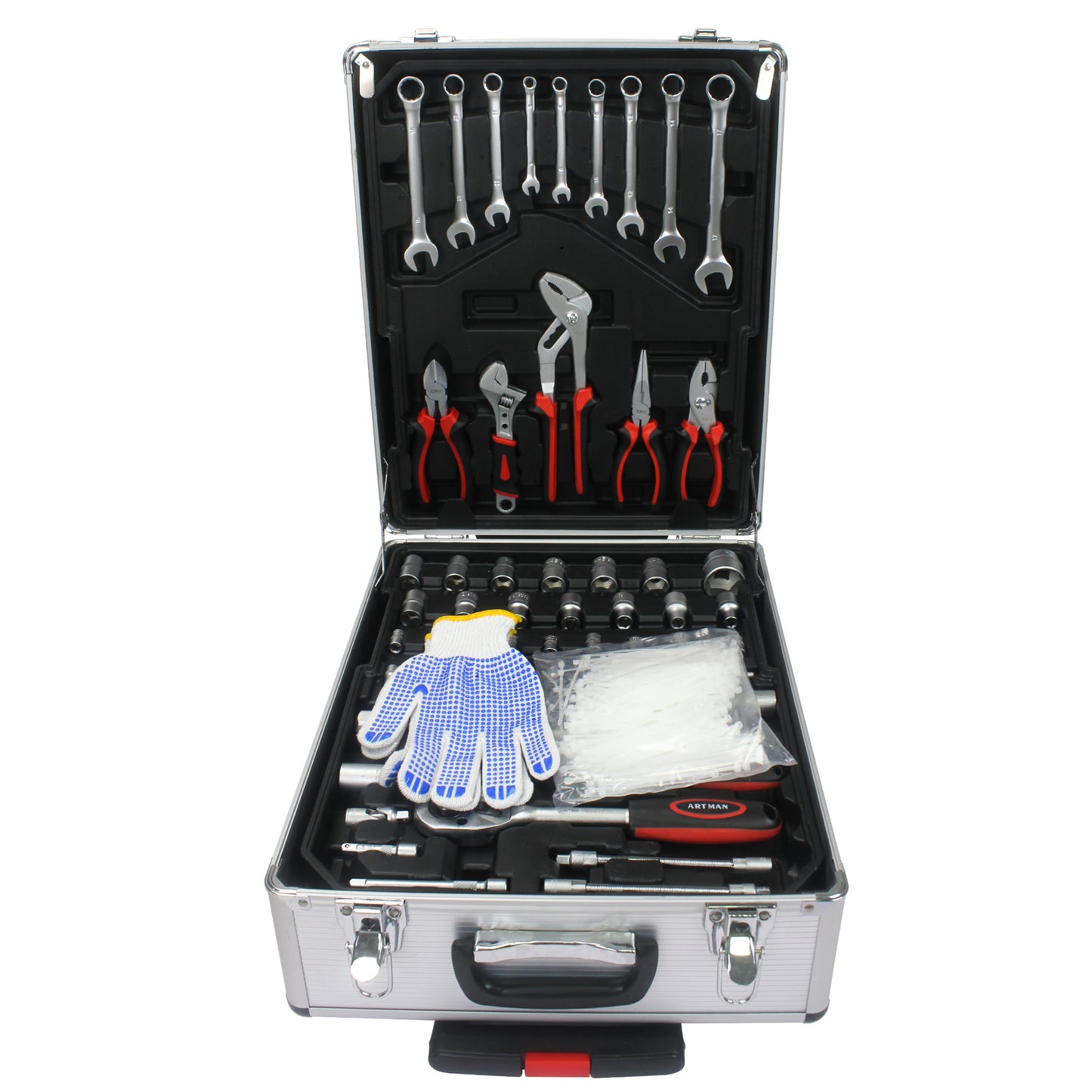 Open tool case with various tools and gloves on a white background