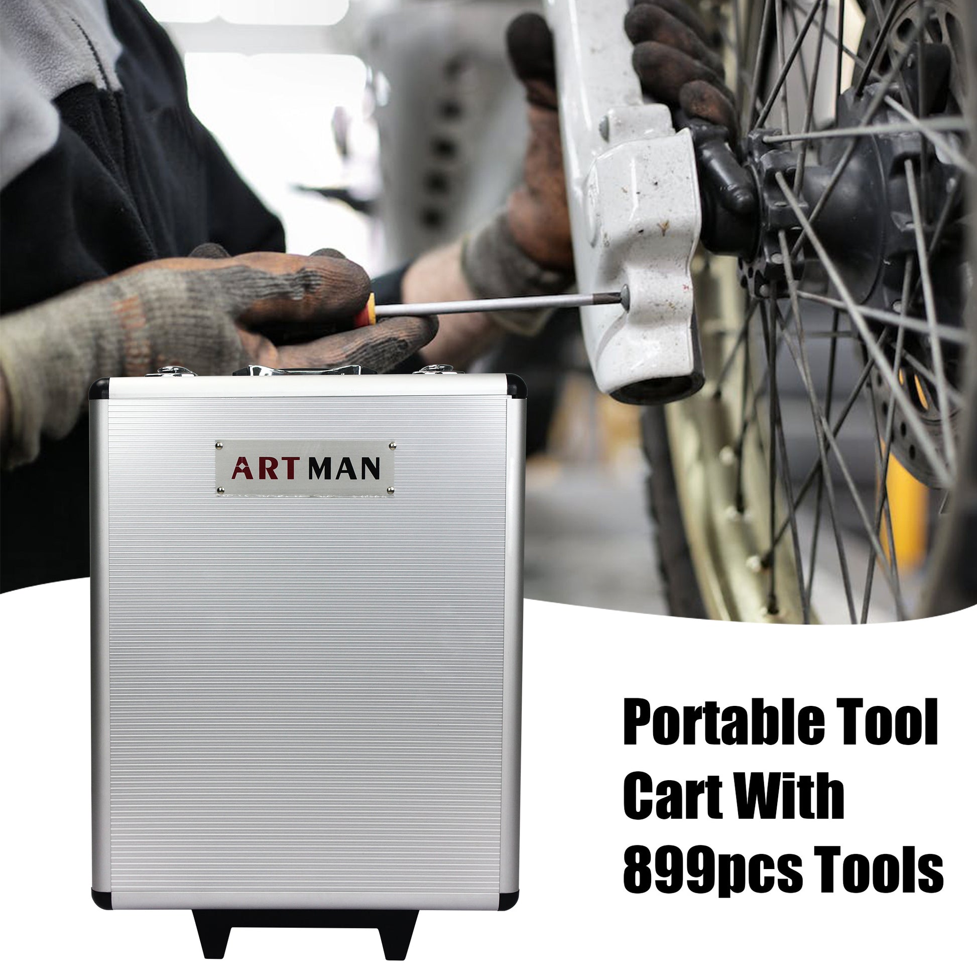 Portable tool cart with 899 pcs tools held by a person working on a bicycle.