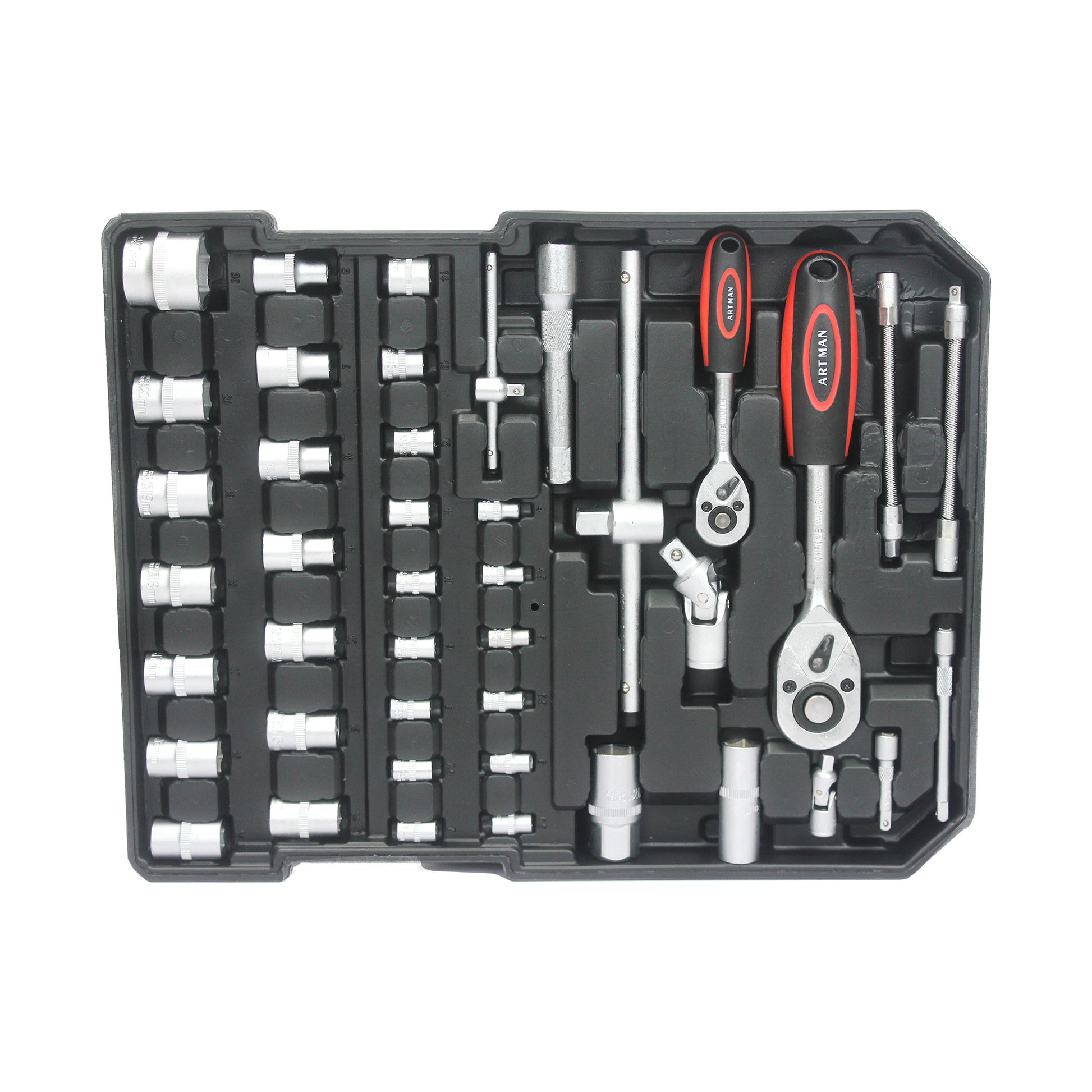 Set of tools including sockets and wrenches in a black plastic case on a white background
