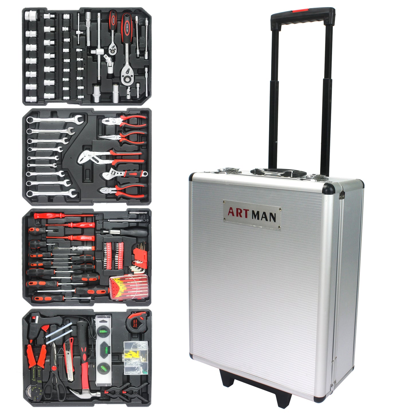 Set of tools in open toolboxes with a rolling toolbox labeled 'Art Man' on a white background