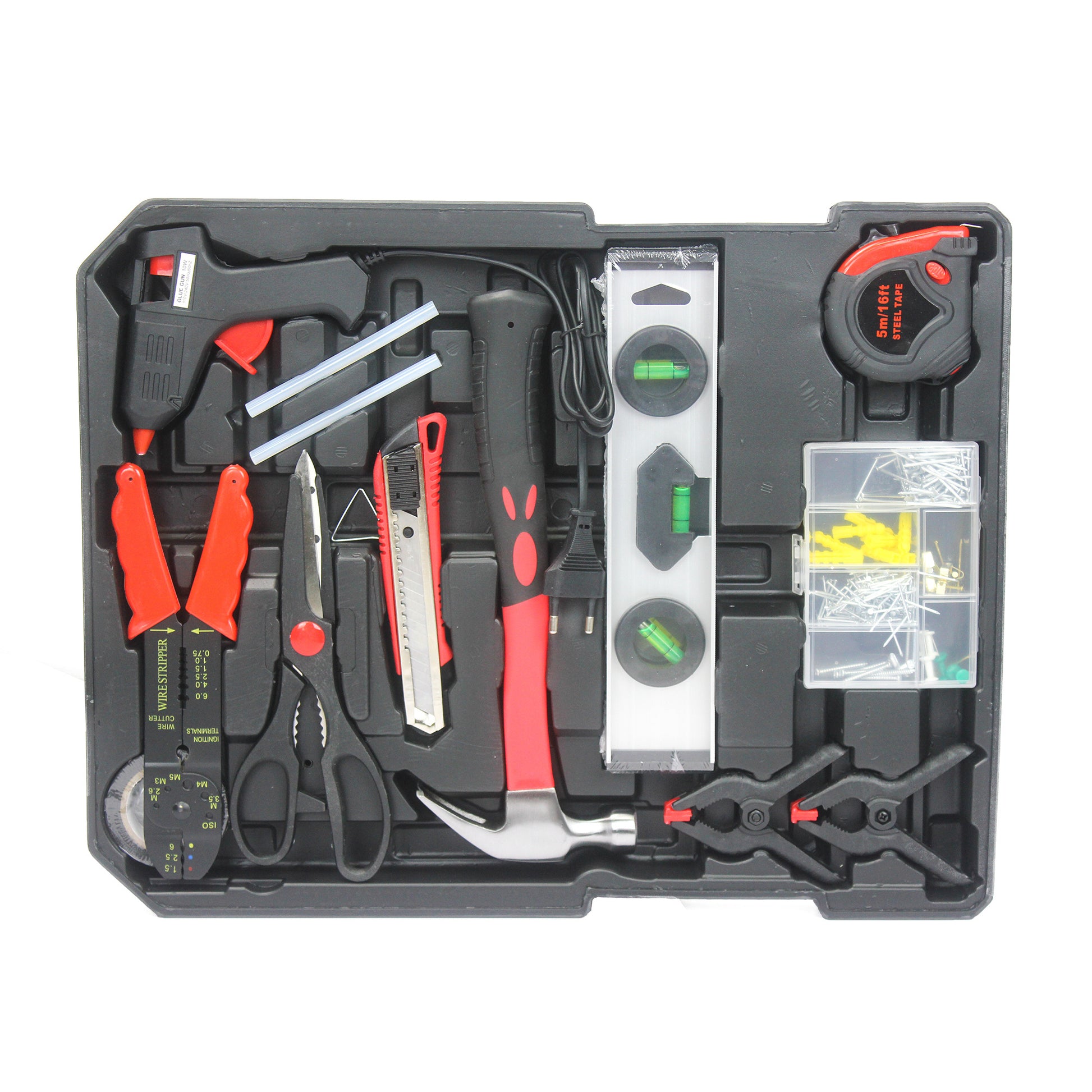 Tool kit with various tools in a black case on a white background