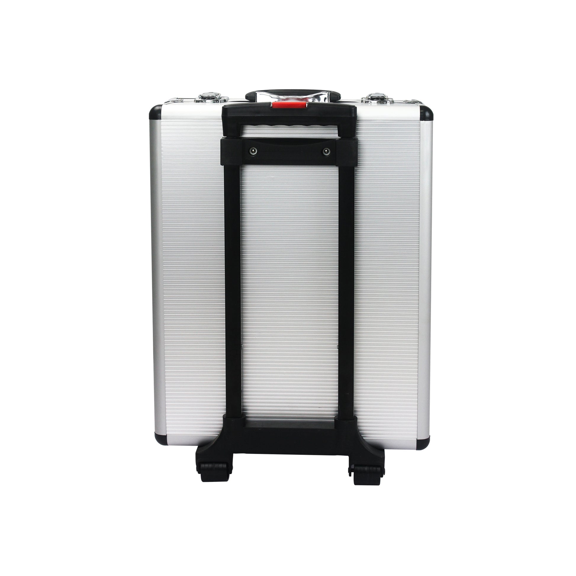 Silver suitcase with black straps on a white background