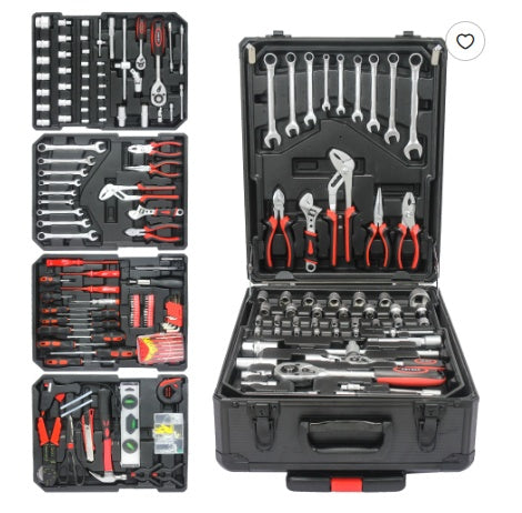 Tool kit with various tools in a black case on a white background