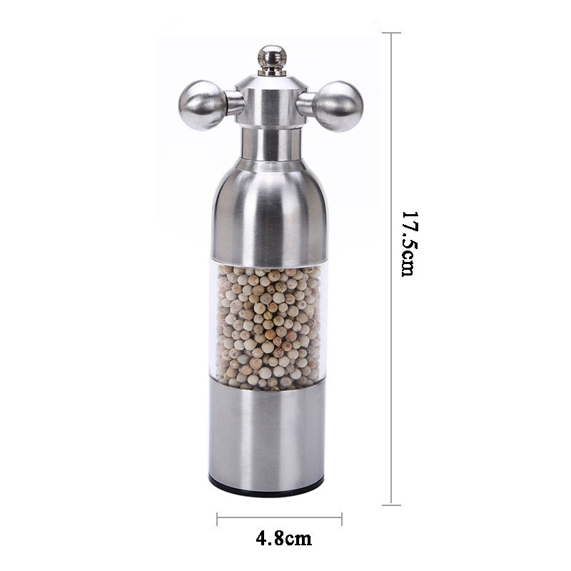 Stainless steel pepper mill with measurement details on a white background