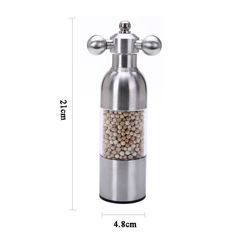 Stainless steel pepper mill with measurement details on a white background