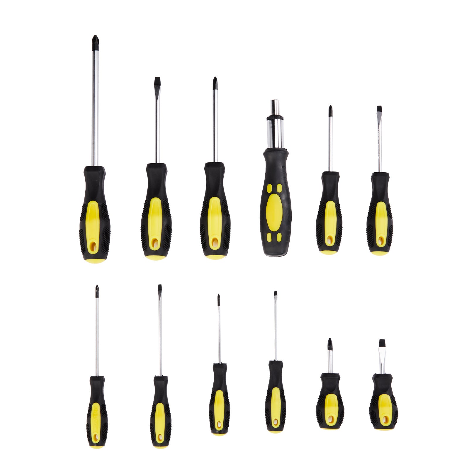 Set of 14 screwdrivers with black and yellow handles on a white background