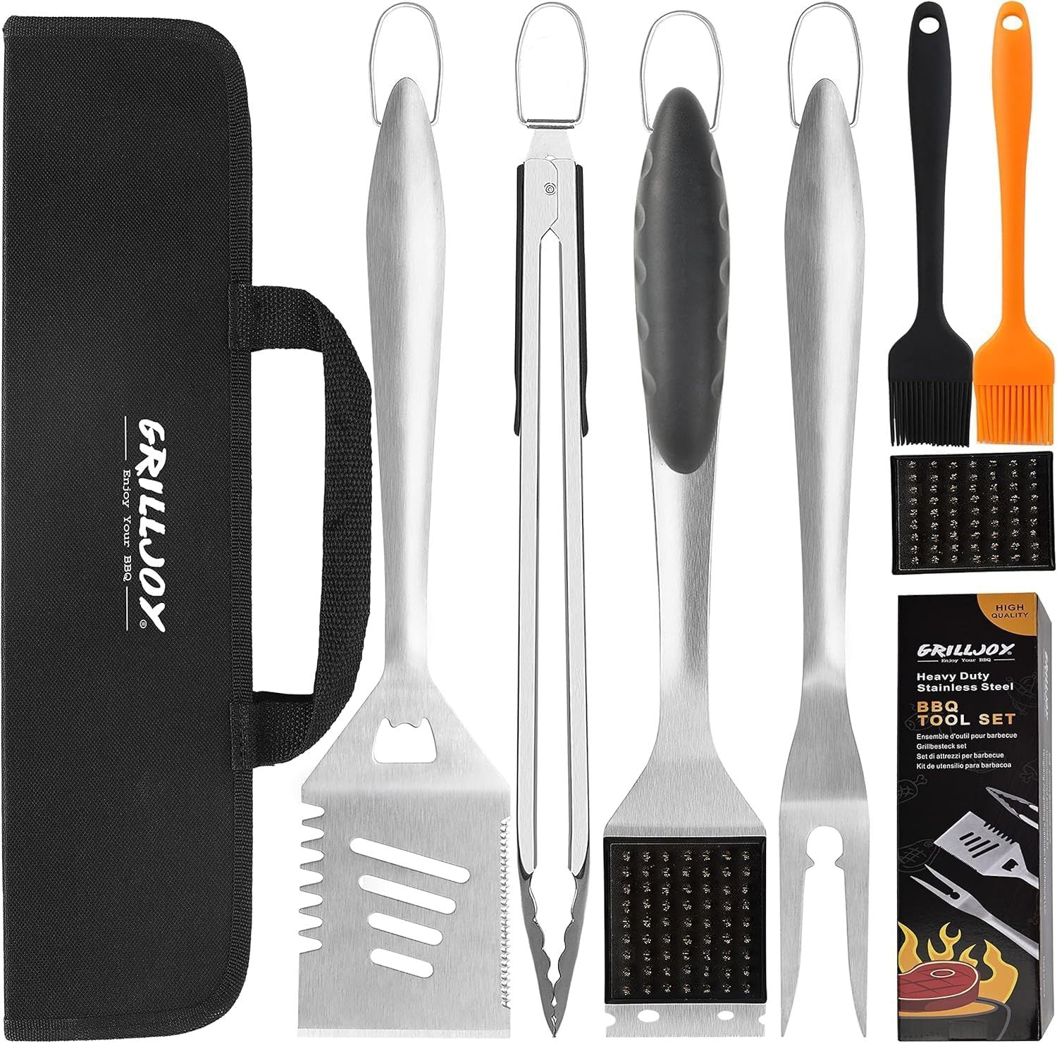 Set of barbecue tools with carrying case and additional accessories on a white background