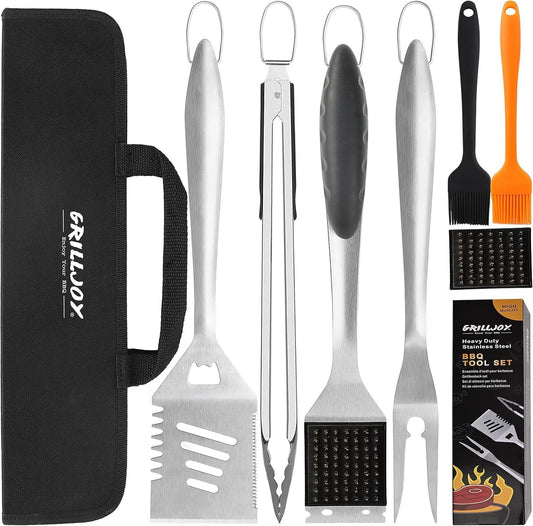 Set of barbecue tools with carrying case and additional accessories on a white background