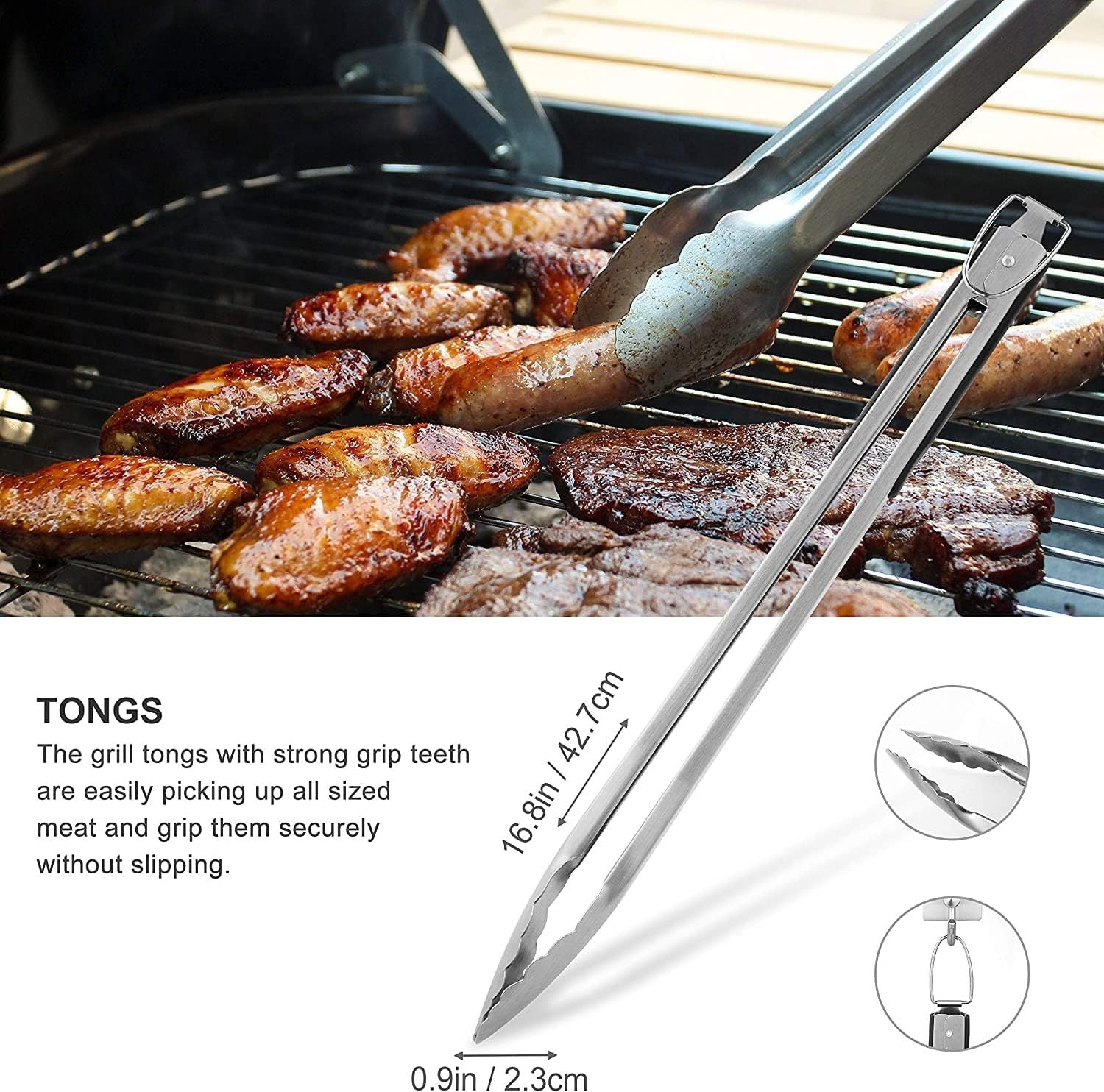 Stainless steel grill tongs being used on a grill with sausages, accompanied by product details and dimensions.