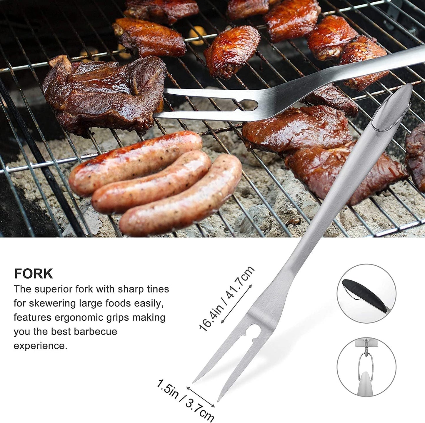 Barbecue fork skewering sausages and meat on a grill with product details below.
