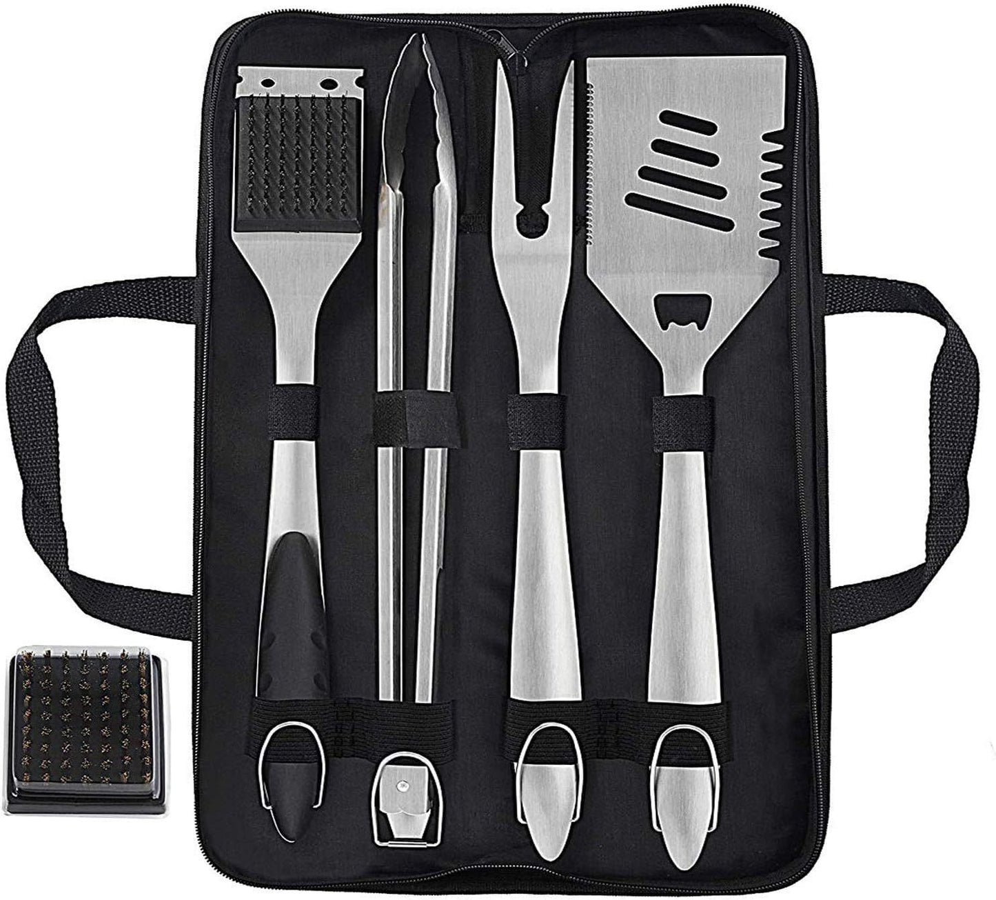 Set of stainless steel barbecue tools in a black carrying case on a white background