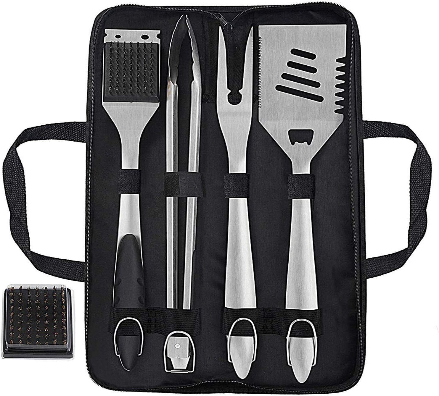 Set of stainless steel barbecue tools in a black carrying case on a white background