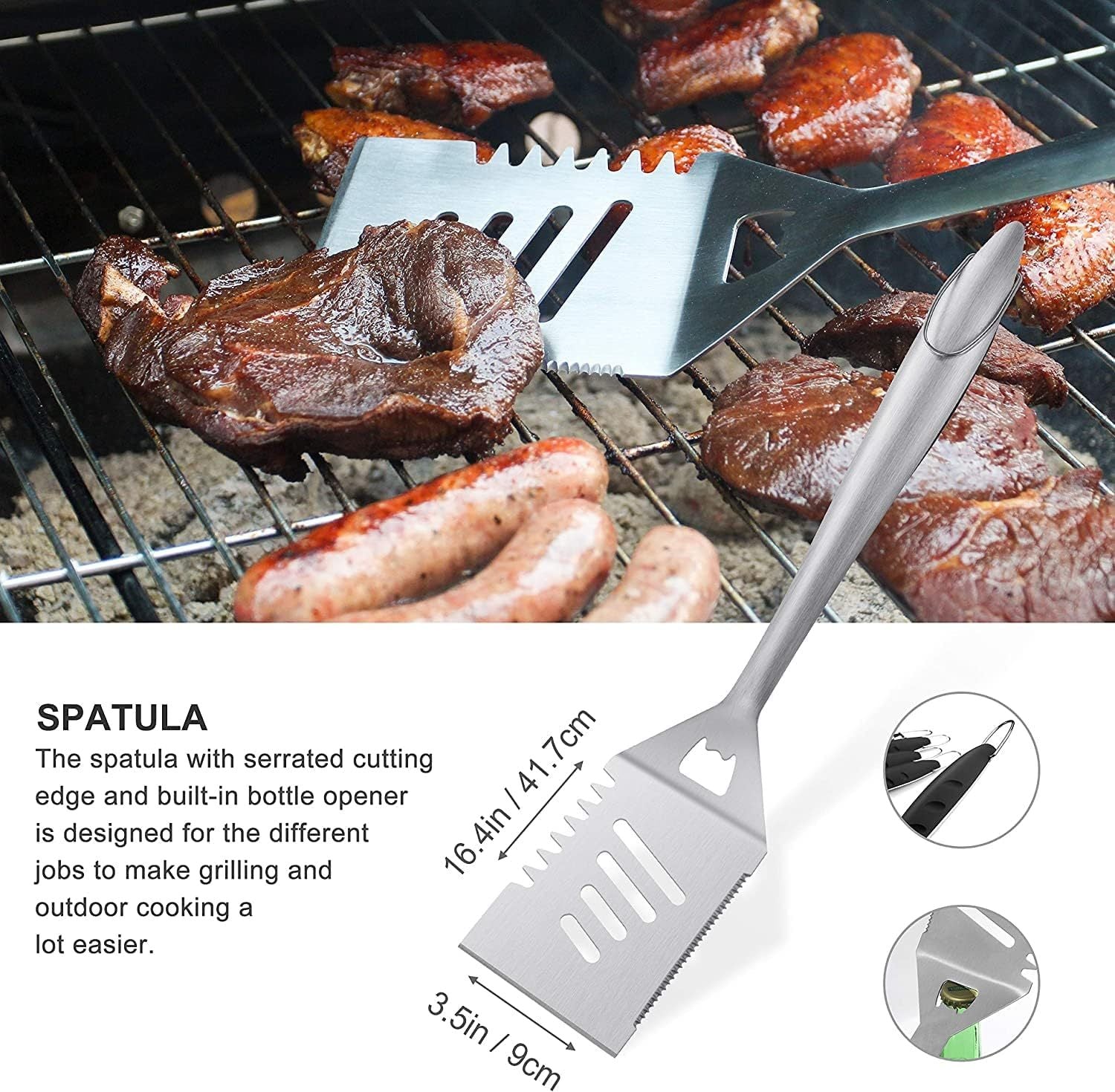 Metal spatula with bottle opener on a grill with cooked meats