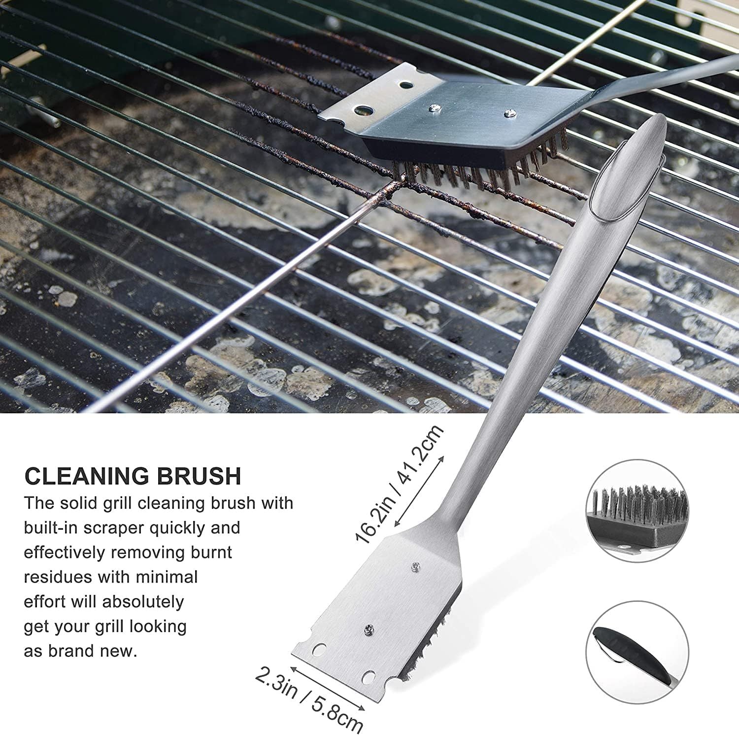 Grill cleaning brush with built-in scraper on a grill surface, with text describing its features.