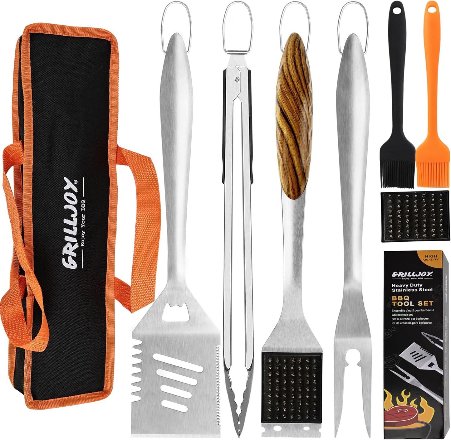 Set of BBQ tools including spatula, tongs, brush, and skewer with carrying case on a white background.