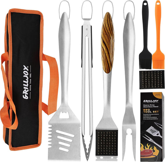 Set of BBQ tools including spatula, tongs, brush, and skewer with carrying case on a white background.