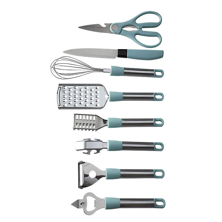Set of kitchen utensils with blue handles on a white background