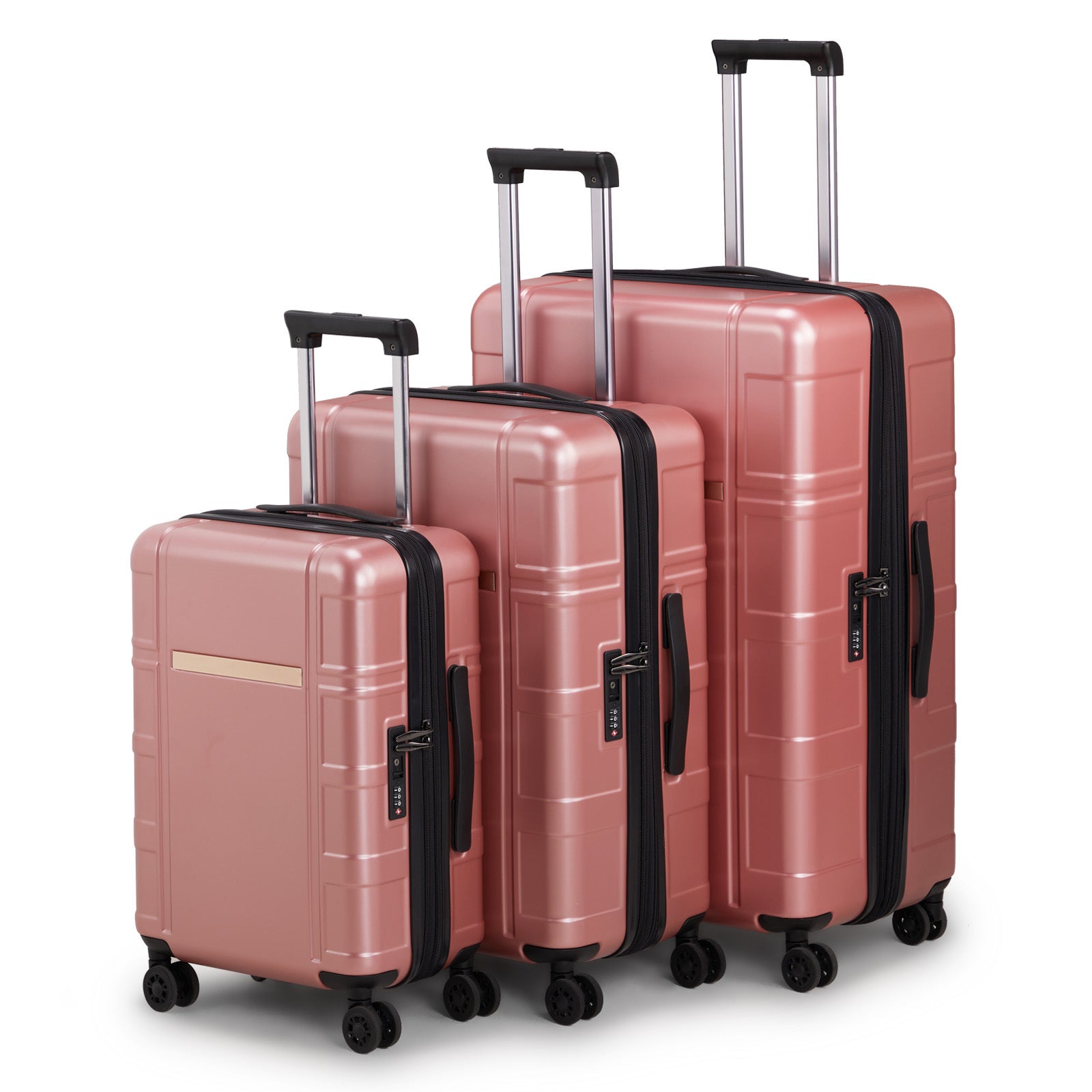 Set of three pink suitcases with black handles and wheels on a white background