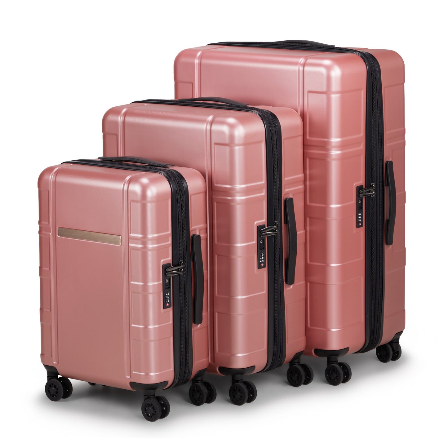 Set of three pink suitcases with black handles and wheels on a white background