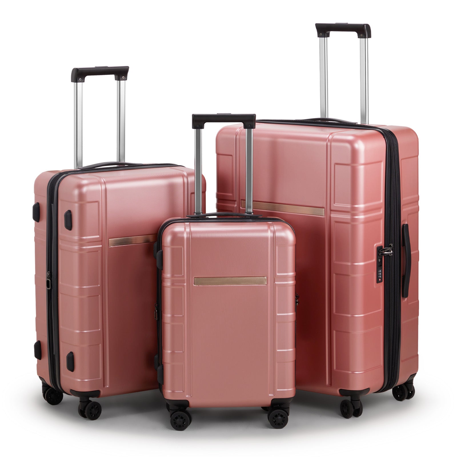 Set of three rose gold suitcases with black handles and wheels on a white background