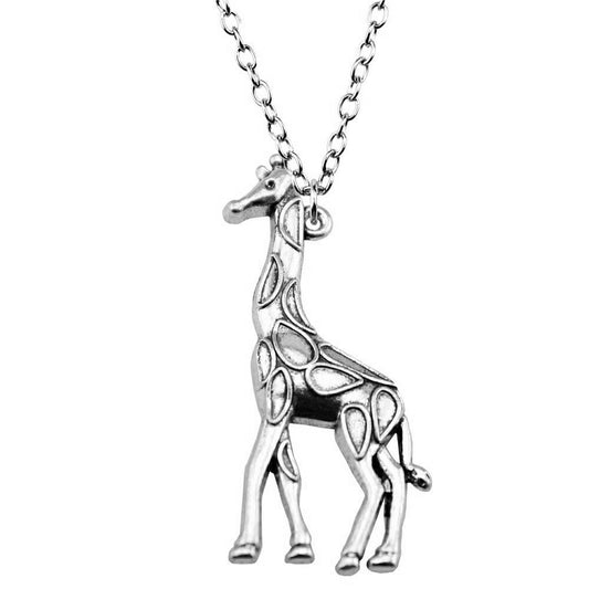 Silver giraffe pendant on a chain against a white background