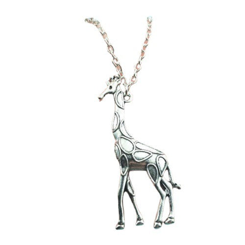 Silver giraffe pendant on a chain against a white background