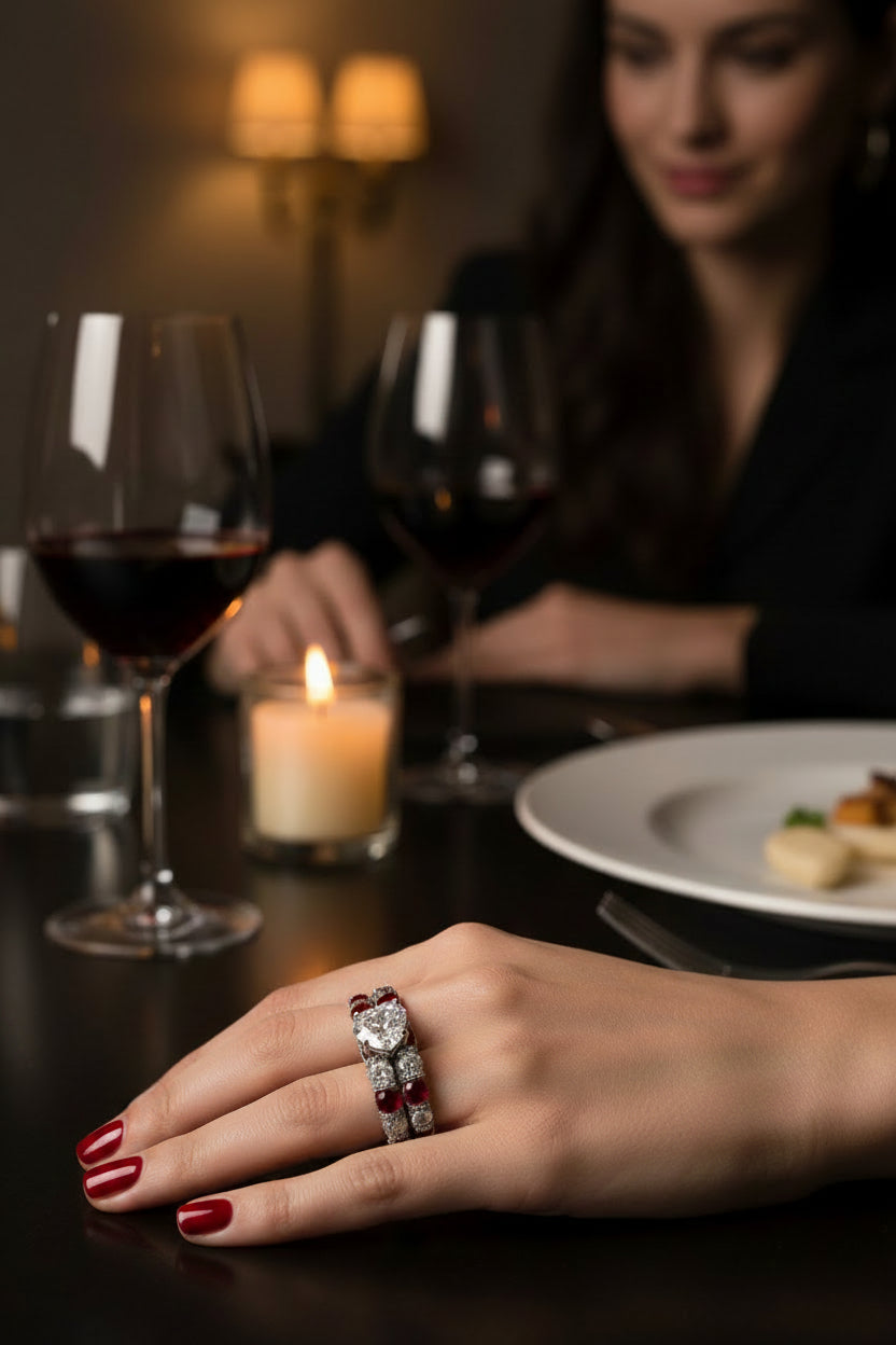 Silver ring with red gemstones and a heart-shaped diamond on a woman's hand