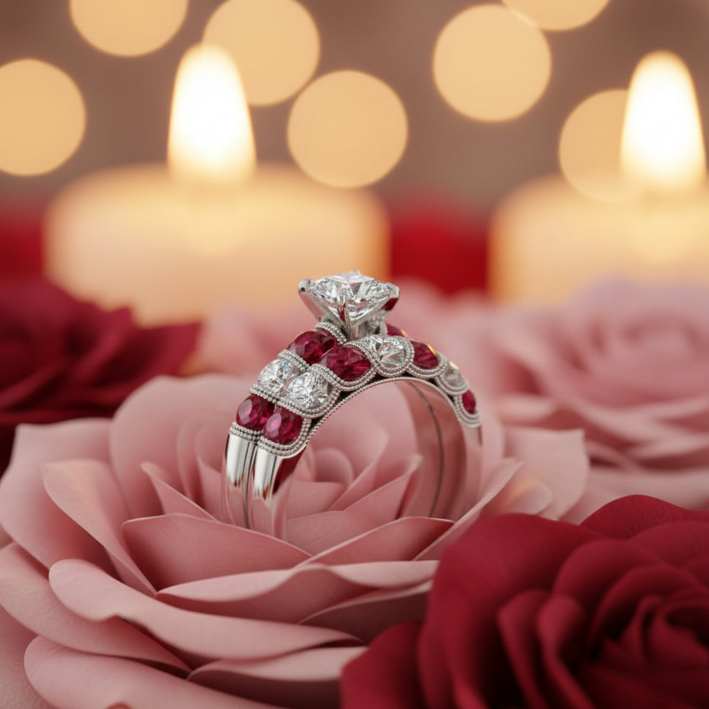 Silver ring with red gemstones and clear stones on rose pedals