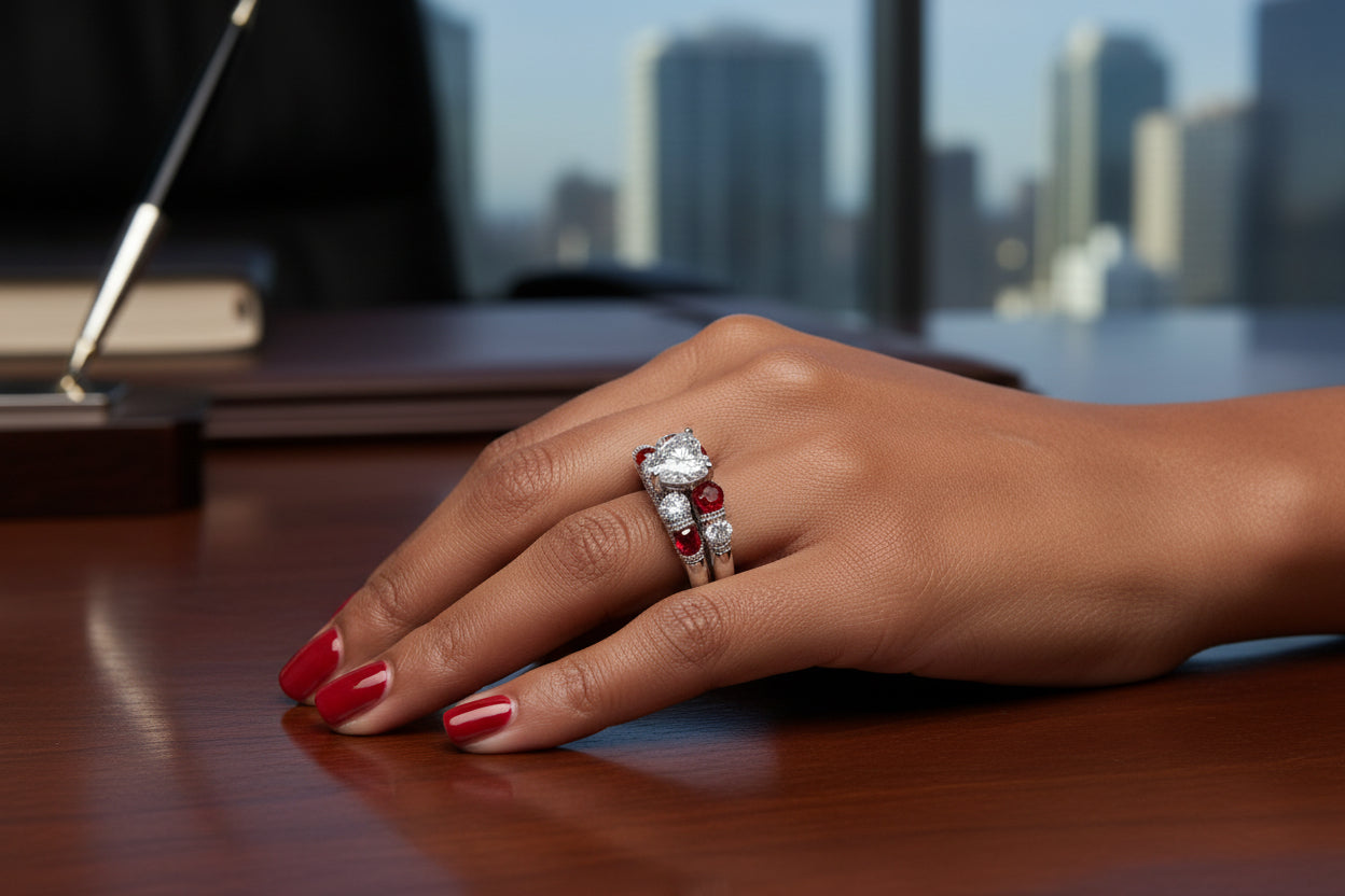Ring with red gemstones and clear diamonds on working woman