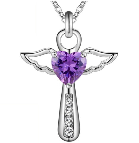 Silver angel pendant with a purple heart and wings on a white background