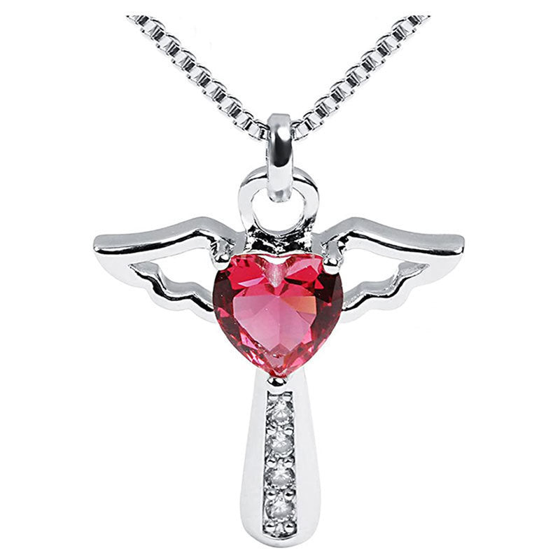Silver pendant with a red heart-shaped gem and wings on a white background