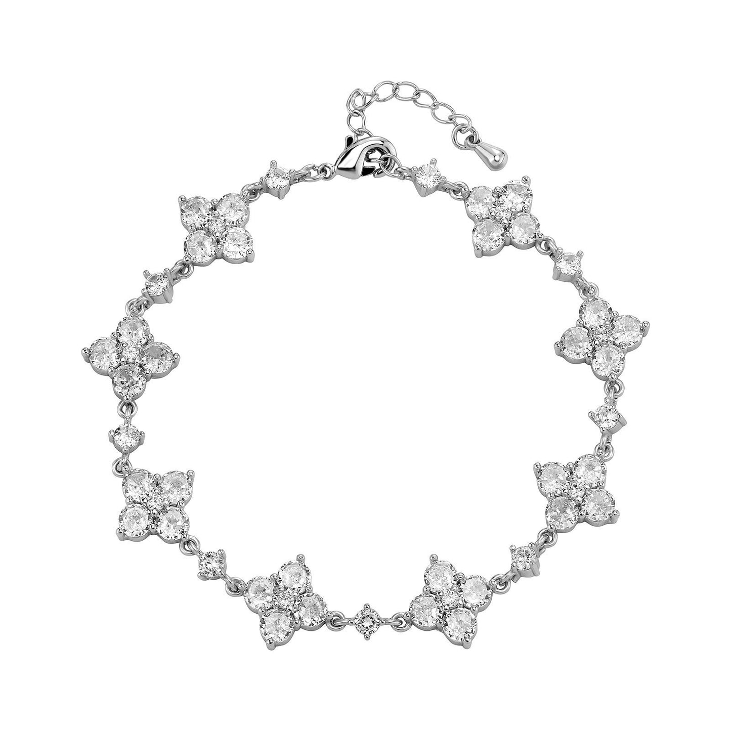 Silver bracelet with floral diamond designs on a white background