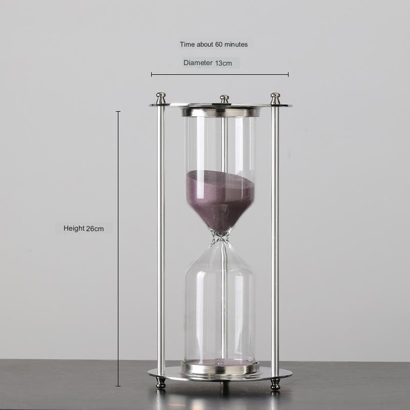 Glass hourglass with measurement details on a gray background