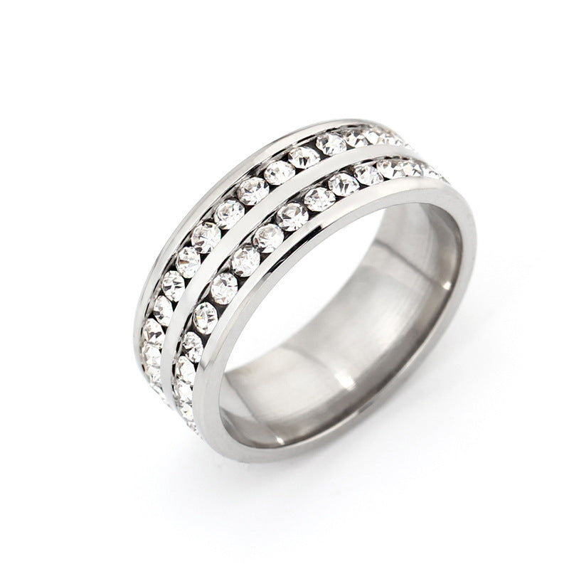 Silver ring with crystal stones on a white background