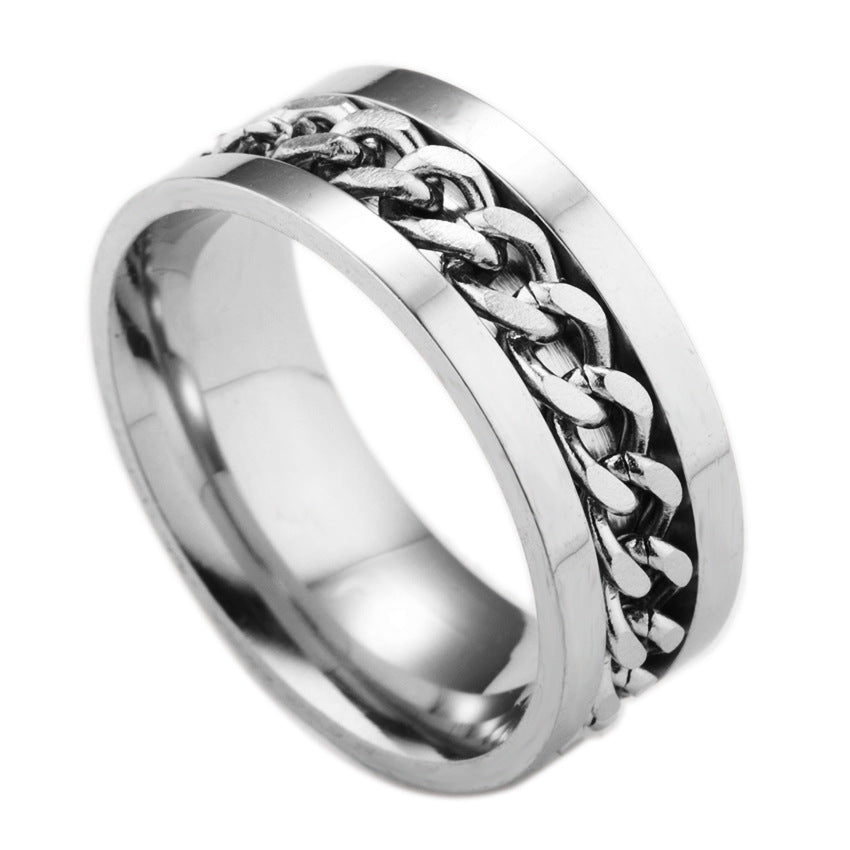 Silver ring with chain design on a white background