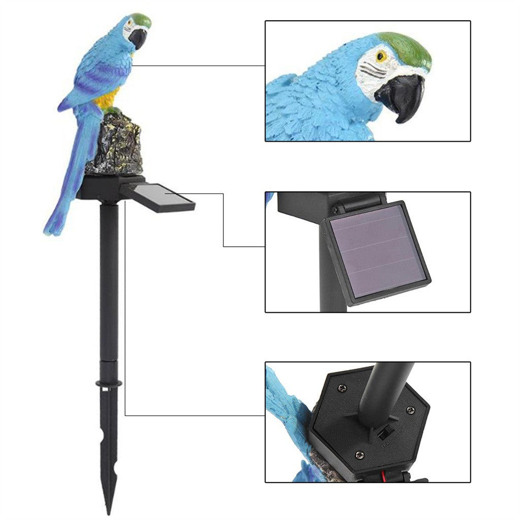 Solar-powered parrot decoration with close-up details on a white background
