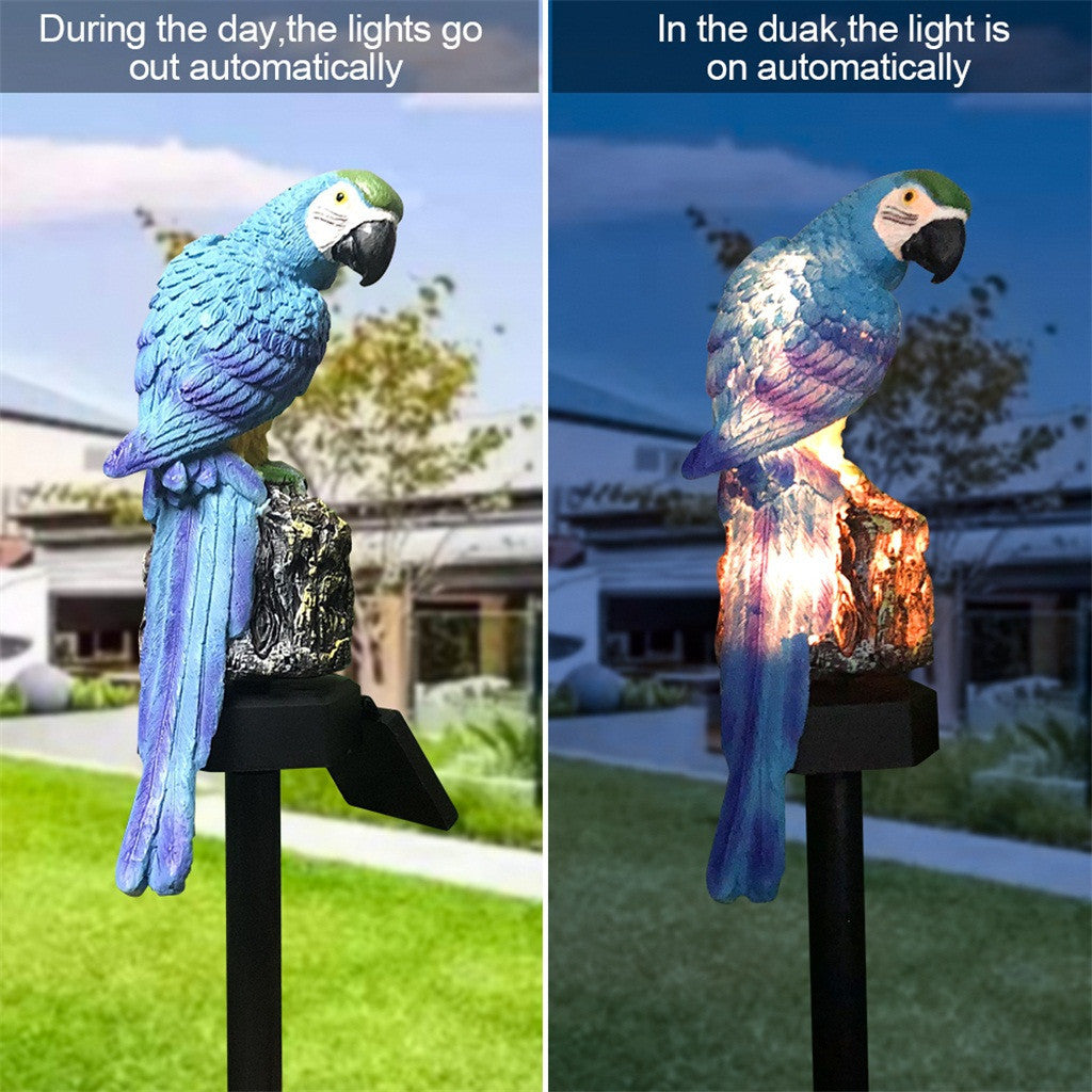 Parrot-shaped garden light showing difference in lighting during day and night.
